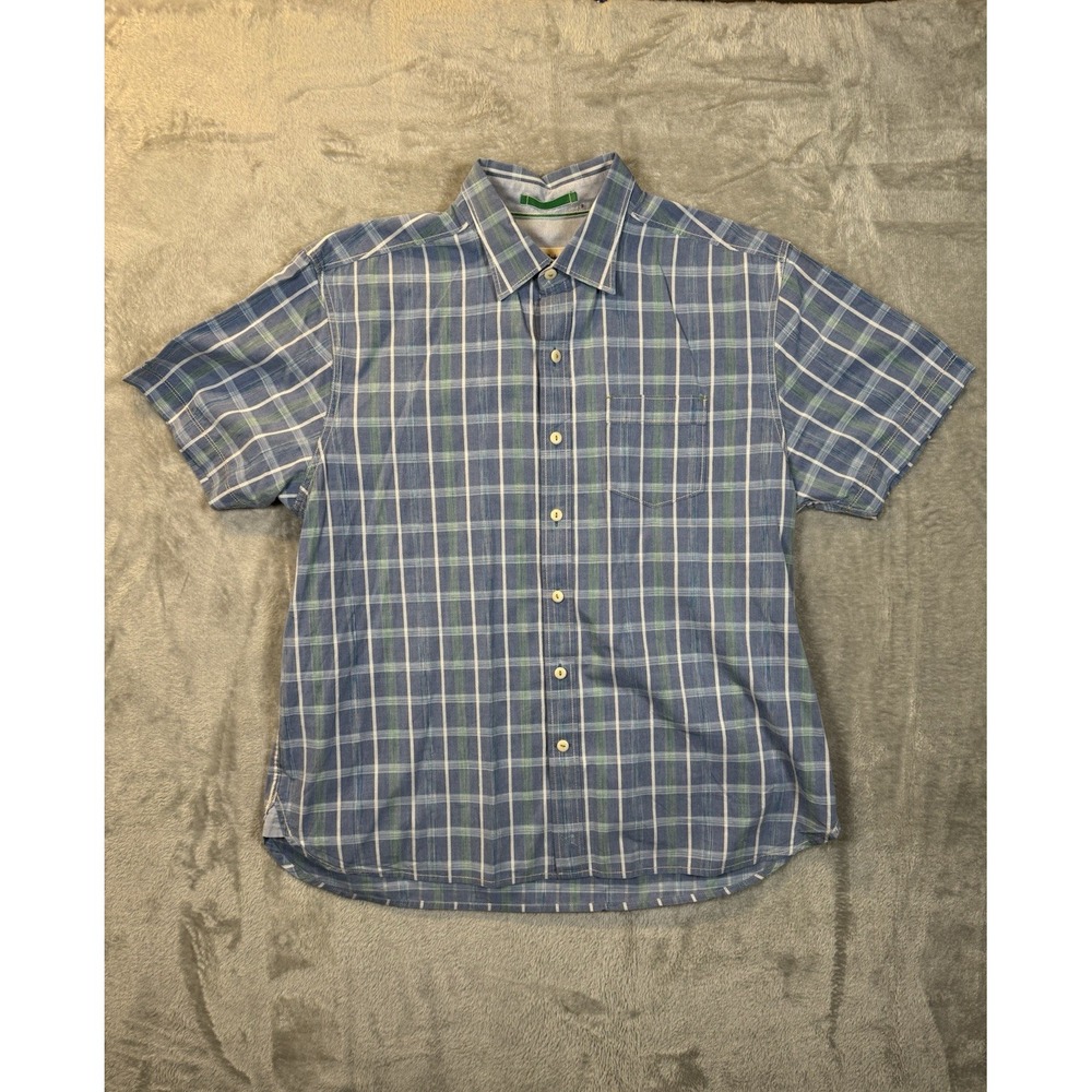 Tommy Bahama Men's Large Plaid Shirt Blue White Short Sleeve Camp Button-Up